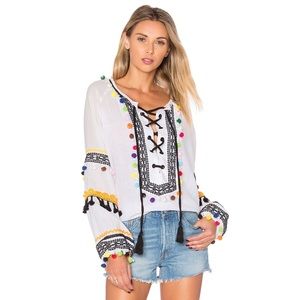 Dodo Bar Or Yehoray White Blouse With Colorful Pom Poms and Black Lace Up